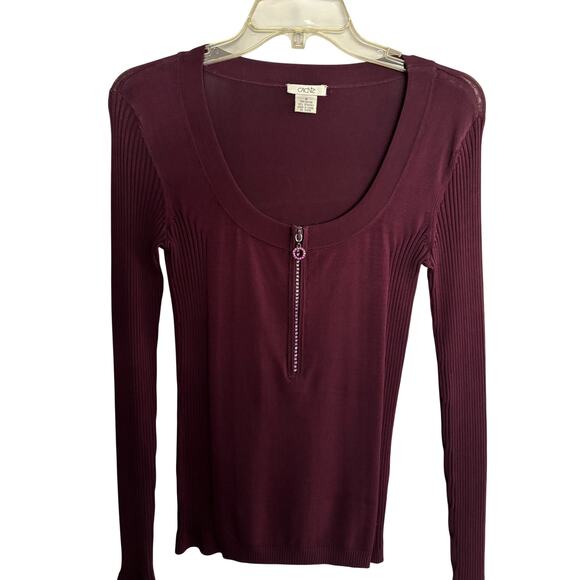 Cache Purple Rhinestone Zipper Rib Knit Long Sleeve Top Stretch S Cotton Spandex - Picture 5 of 7